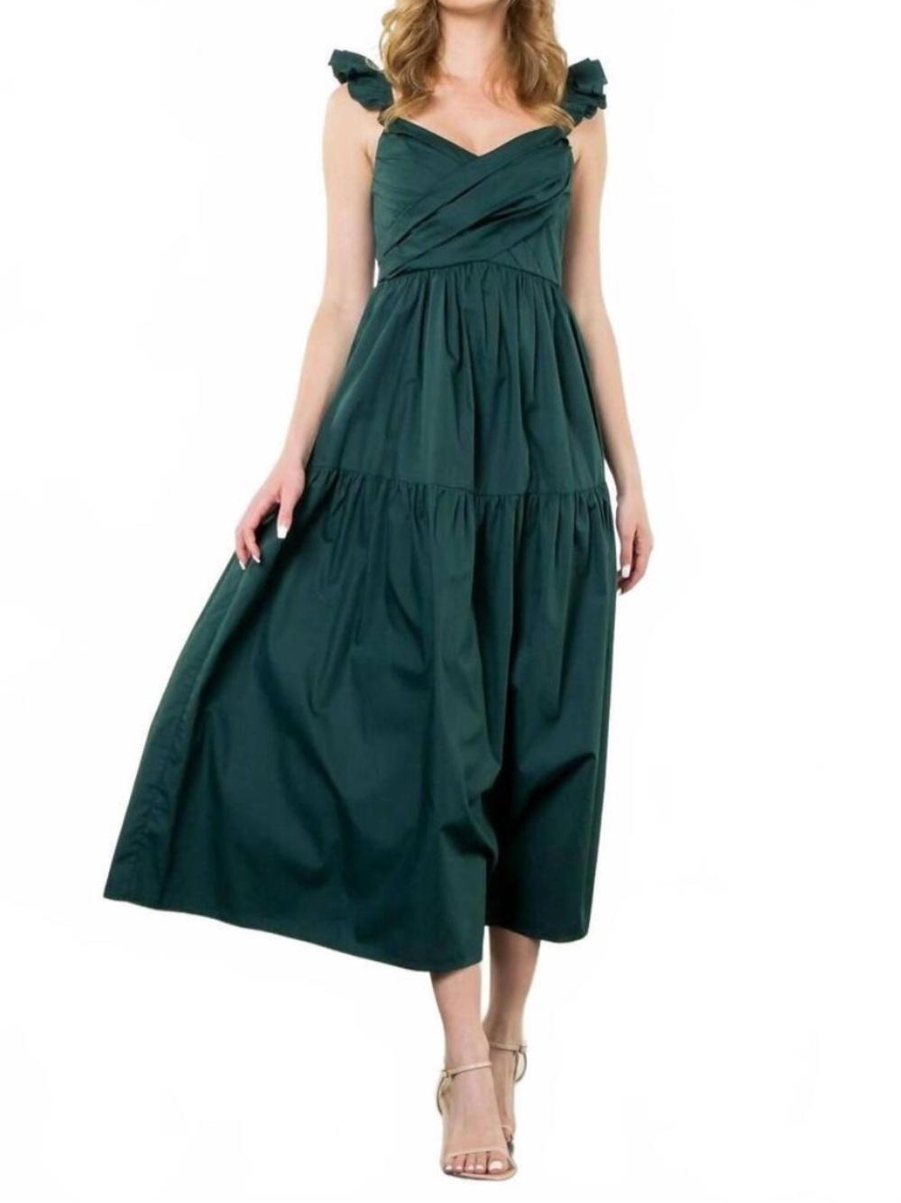 THML Tiered Poplin Maxi Dress in Dark Green